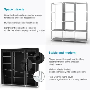 INTIRILIFE Folding Wardrobe 150x175x45 cm in Raven BLACK - with Zipper Fabric Wardrobe, Clothes Rack, Compartments and Side Pocket - Camping Pop-up Wardrobe Textile Clothes Rack