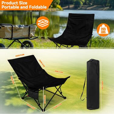 Крісло для кемпінгу складне, до 150 кг, легке, регульоване, з сумкою, для відпочинку на природі, риболовлі, саду, пляжу, піших прогулянок (Чорний)
