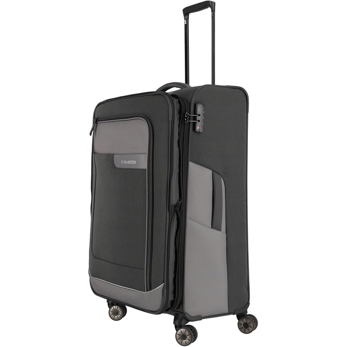 Travelite 4-Wheel Luggage Size L Softshell made from recycled material, Luggage Series VIIA: Trolley with expandable gusset + edge protection, 77 cm, 91-103 liters (Large Trolley (77 cm), Slate Grey)