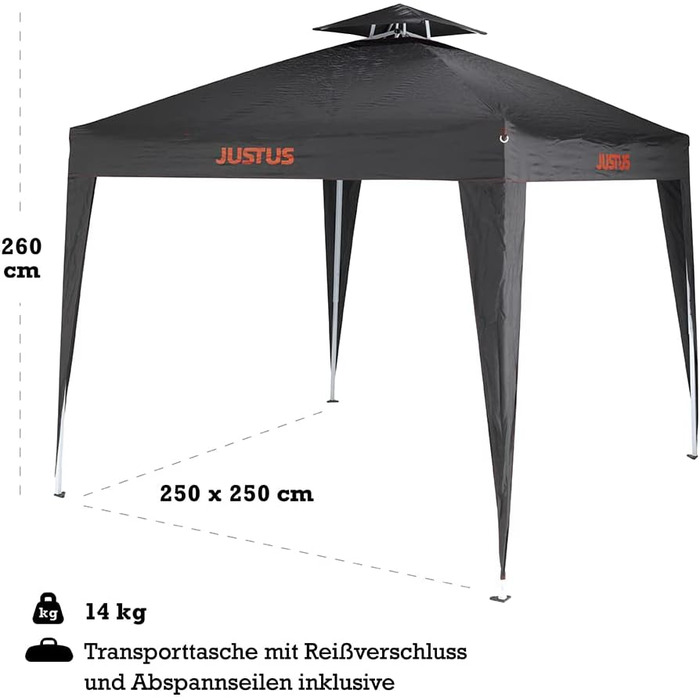 JUSTUS Grill Pavilion, foldable outdoor canopy for the garden, easy and quick assembly, special polyester cover, 250 x 250 x 260 cm, Black