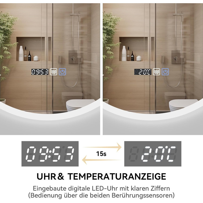 Дзеркало для ванної кімнати YOURLITE з підсвічуванням, діаметр 60 см, LED, сенсорне керування, 3 кольори світла, регулювання яскравості, антизапар, пам'ять, годинник, білий