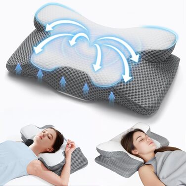 Ортопедична подушка для шиї з Memory Foam, Ergonomische, 2 висоти, для сну на боці, спині та животі, сірого кольору