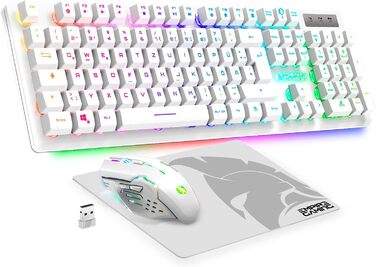 Ігровий набір клавіатури та миші EMPIRE GAMING Armor RF800 Wireless (QWERTZ, DE-layout) – бездротовий комплект з підсвічуванням RGB, 2.4GHz, 4800 DPI, з килимком для миші, сумісний з PC, PS4, PS5, Xbox One/Serie, Mac, білий
