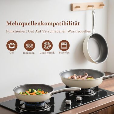 Набір сковорідок Koch Kode з керамічним покриттям 20/24/28 см, з нержавіючою ручкою, для індукційних плит, без PTFE та PFOA, придатні для миття в посудомийній машині та випікання, бежевий