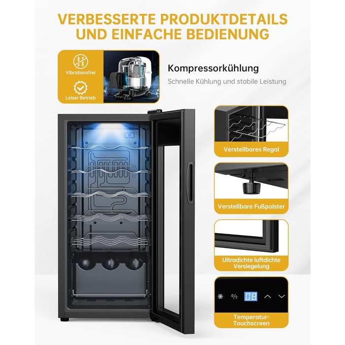 WIE 33L 1-Zone Wine Cooler Fridge - Compact Wine Refrigerator with Glass Door, LED Touch Panel, Anti-UV Protection (18 Bottles)