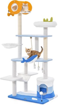 Котячий будиночок COSTWAY Ocean: когтеточка, лежанка, гамак, іграшки (блакитний, 165 см)