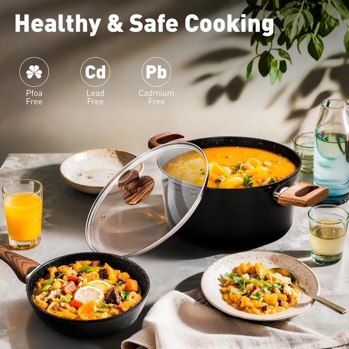 Набір посуду DishDelight 15 предметів: каструлі та сковороди з антипригарним покриттям, індукційні, з граніту, чорного кольору