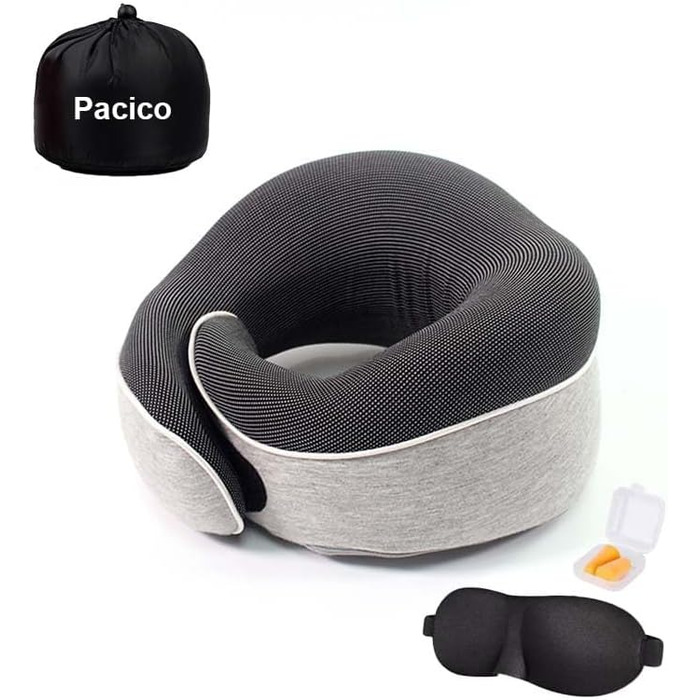 Подушка для шиї, подорожі: Memory Foam, для авто, поїздів, літаків. Комплект з маскою для очей та навушниками (світло-сіра)