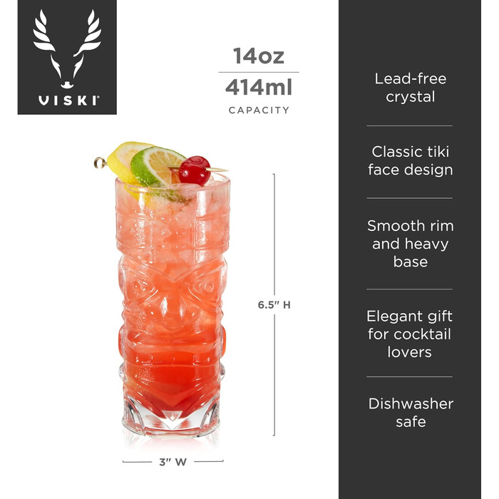 Viski Pacific Crystal Cocktail Glasses Set - 2 Premium Tiki Glasses, 400ml