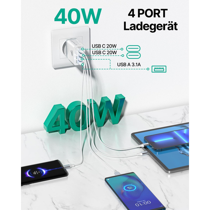 Подвійний зарядний пристрій USB-C Aioneus 40W з 4 портами PD+QC, багатопортовий адаптер живлення для iPhone 15, Samsung та інших смартфонів