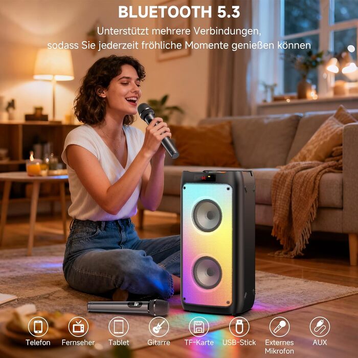 Караоке система JYX T10 з 2 мікрофонами, Bluetooth колонка RGB, портативна караоке-бокс з USB/TF/AUX/FM, для вечірок