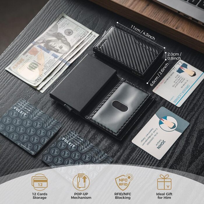 Кредитне портмоне VULKIT з двома віконцями для ID, RFID-захистом, автоматичний висувний механізм, шкіряне, чорний колір