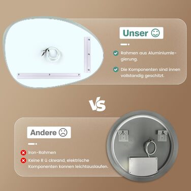 Дзеркало з підсвічуванням Asymmetrischer LED 75x55 см з сенсорним вимикачем – антизапар, 3 кольори світла, регулювання яскравості та функція пам'яті, чорний (горизонтальне/вертикальне), без рамки