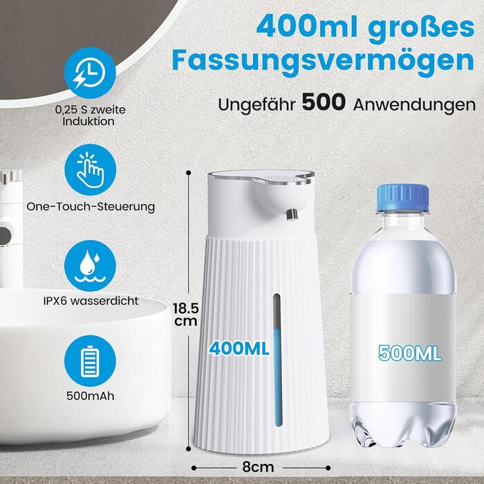 Електричний дозатор мила 400 мл з сенсором, автоматичний, настінний, 2 режими, USB, IPX6, білий