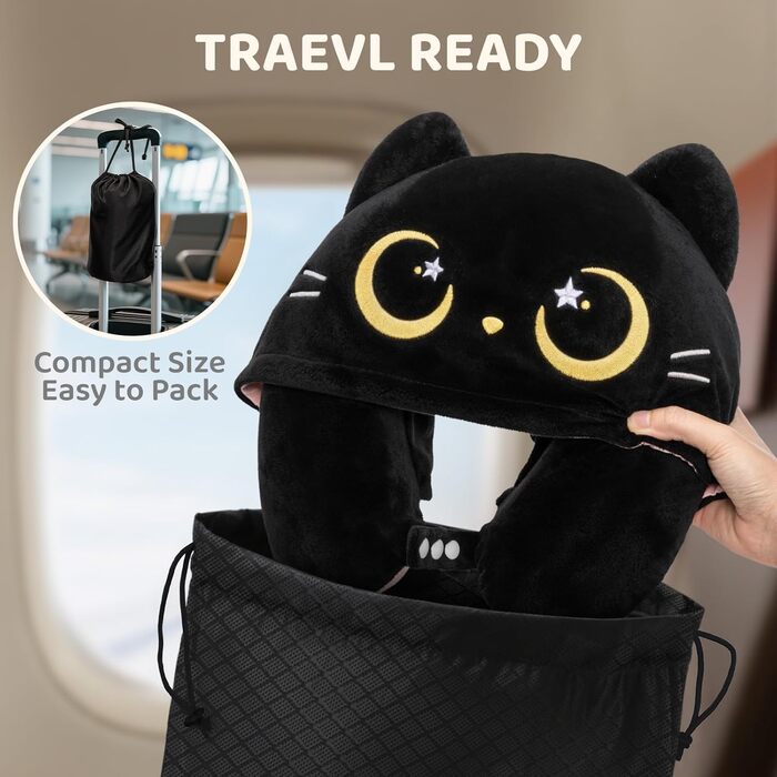 Подушка для шиї Mewaii для подорожей, двостороння подушка для дорослих, подушка для шиї з memory foam для літаків, подушка для шиї з котячою капюшоном, регульований ремінь (Рожева)