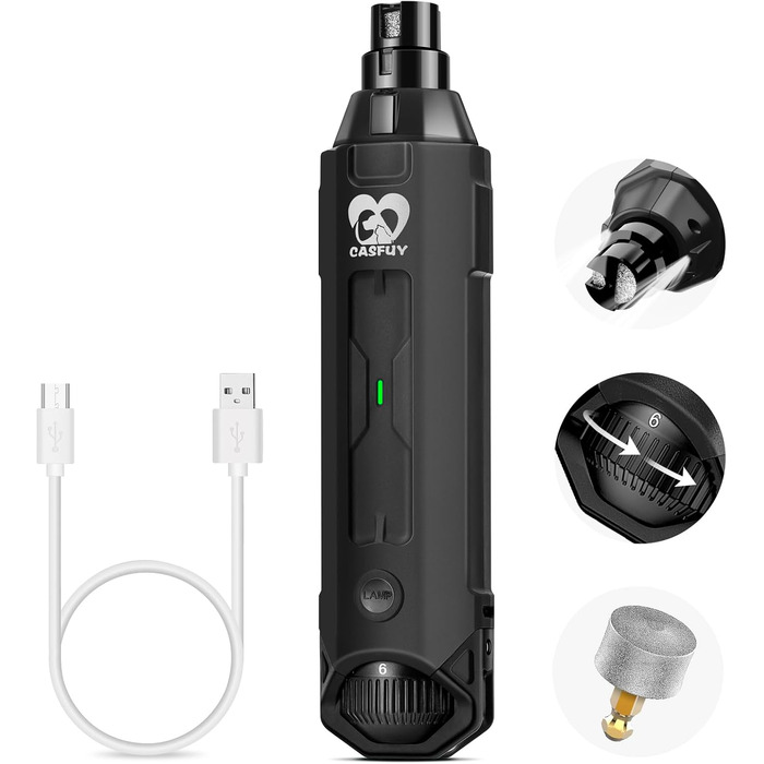 Електричний точило для собачих кігтів Casfuy 6-ступінчате - Безшумний, акумуляторний тример для собак великих, середніх та малих порід (сірий)