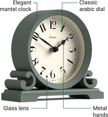 JONES CLOCKS® Saloon Table Clock | Traditional Double Scroll Design | Green | Contemporary classic style for desk, table, shelf, or bedside table
