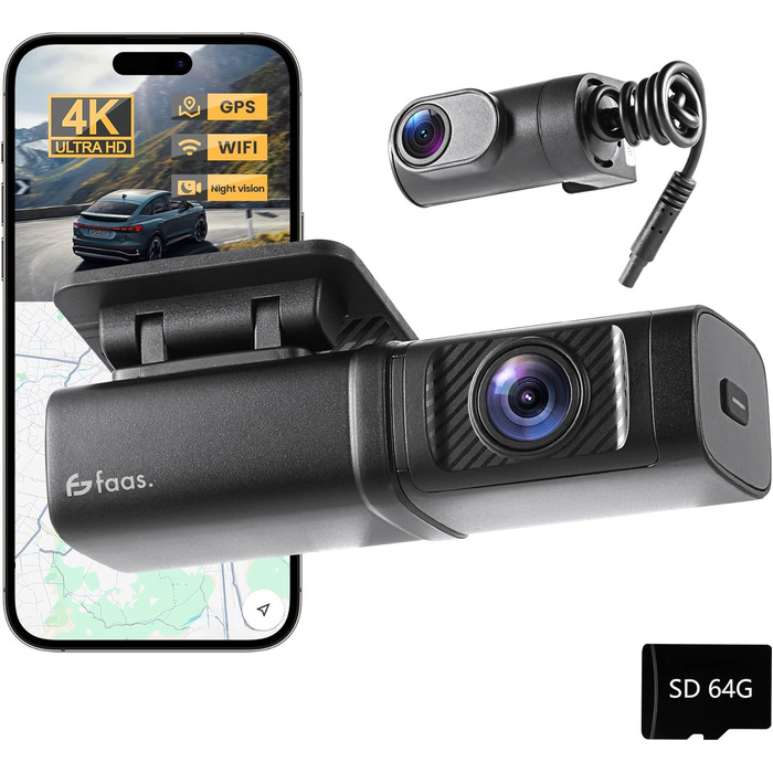 Відеореєстратор Faas Dashcam Auto Vorne & Hinten: 4K Dual, 64GB MicroSD, G-сенсор, час затримки, нічне бачення, режим паркування, циклічна запис – Чорний