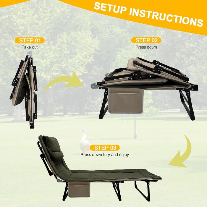 Розкладне ліжко-крісло для кемпінгу з матрацом, 6 положень спинки, ліжко для риболовлі, Outdoor ліжко XXL, 65x190x30 см, 1-місне, для відпочинку на природі