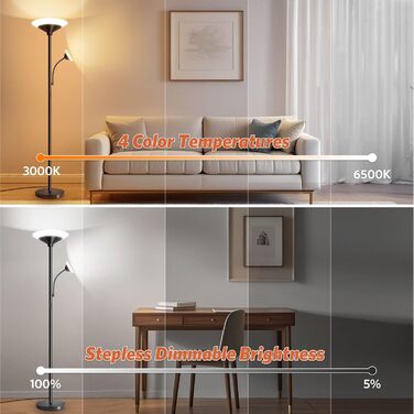 Стельова лампа BBHome для вітальні з LED-підсвіткою 27W та лампою для читання 6W, диммування, керування пультом та сенсором, 3000K-6500K, колір сріблястий