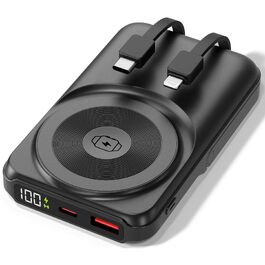 Універсальний Power Bank All-IN-ONE 10000 mAh чорний: швидка зарядка 22.5W, PD 20W, бездротова зарядка 15W, зарядний пристрій для Apple Watch, вбудовані кабелі USB-C та Lightning, LED-дисплей, алюмінієва підставка