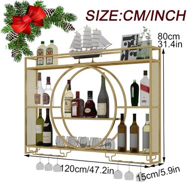 Настінна вітрина для вина, сучасна кругла підставка для зберігання, велика місткість, декоративна, для кухні, вітальні, бару (золота, 119.8 * 15 * 79.7 см)