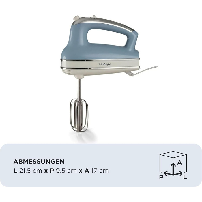 Міксер ручний Ariete Vintage 1548, 450W, 5 швидкостей, Turbo, 2 насадки, для тіста та збивання (Блакитний)