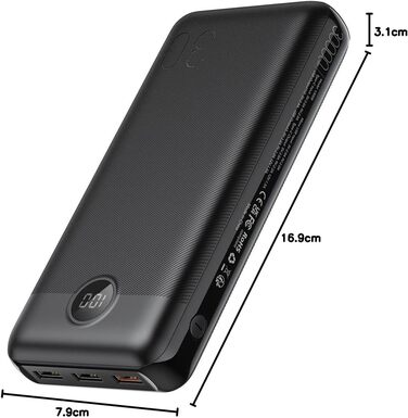 Power Bank VEGER 30000mAh 20W PD: Швидка зарядка, LED дисплей, 4 виходи, 2 входи, USB-C, сумісний з iPhone, iPad, планшетами