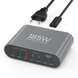 Зарядний пристрій USB-C 185W, мережевий адаптер 7 портів PD3.0 + QC3.0 для MacBook Pro/Air, iPhone 17/16/15 Pro Max, Samsung Galaxy S23/Note20 (Сірий)