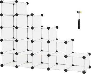 SONGMICS Shoe Rack, Shelving System, Plug-in Shelf, 15 Compartments, DIY Shelf, Stackable, Made of PP Plastic, as a Wardrobe, Room Divider, for Bedroom, Office, 30 x 111.2 x 86.2 cm, white LPC445W02