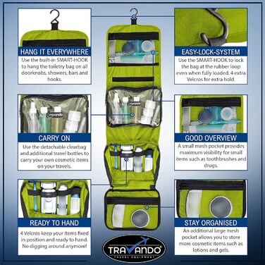 Чоловіча дорожня косметичка TRAVANDO з петлею, прозора, велика, для подорожей, зелена