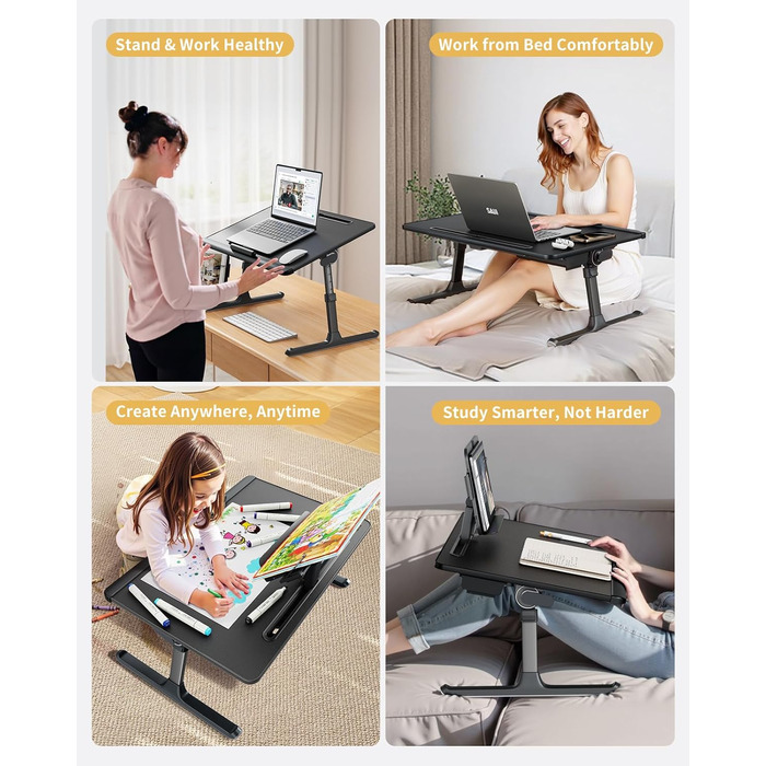 SAIJI Стіл для ноутбука [Преміум XXL Extra Groß] з регульованим підсвіткою, багатофункціональний стіл для ліжка Преміум-класу, складний стіл для ноутбука з ящиком (Темно-чорний)