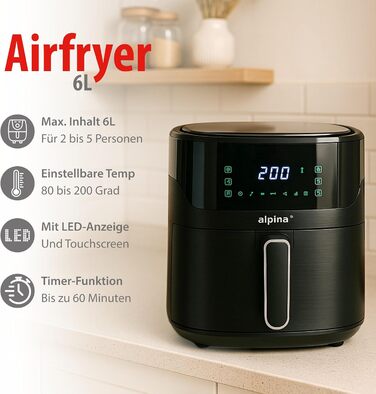 Фритюрниця Alpina Heißluft XXL (6л) з цифровим дисплеєм: для 4-6 осіб, 80-200°C, таймер до 2 годин, 1800W