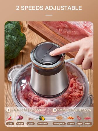 Електричний подрібнювач FOHERE для кухні, 350W, з чашею 2.5л з нержавіючої сталі та 2 швидкостями, 4 леза з нержавіючої сталі для м'яса, цибулі та овочів