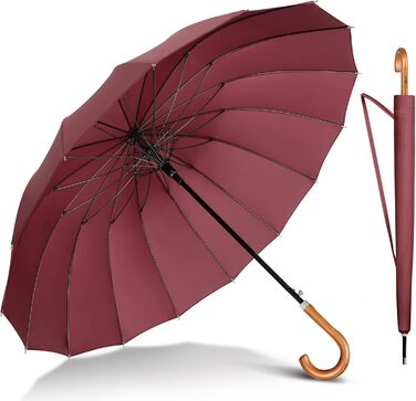 NINEMAX Large Windproof Umbrella - Wooden Handle Walking Umbrella for Men & Women - 16 Ribs Automatic Open - Burgundy