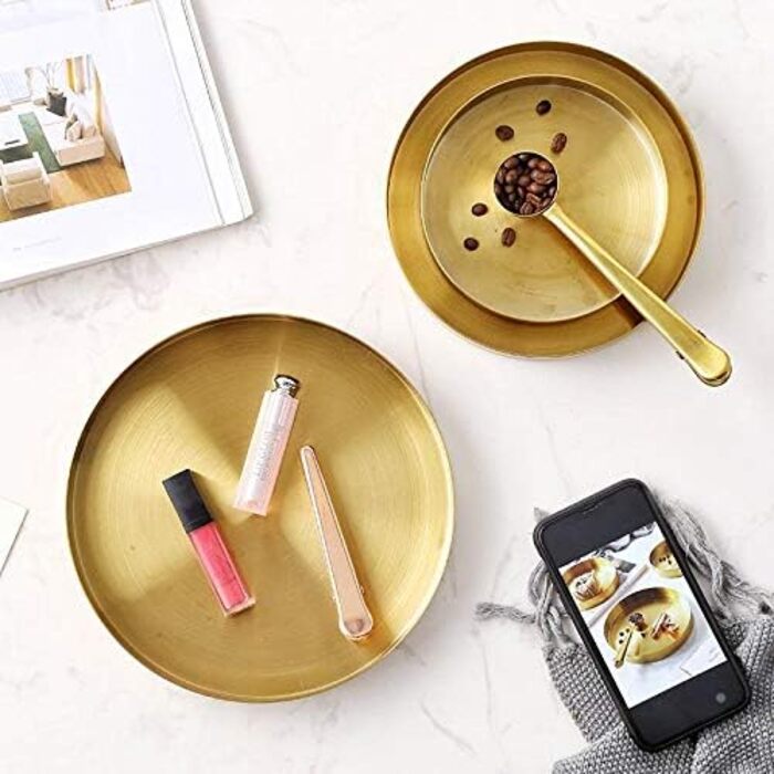 Round Stainless Steel Serving Tray, Gold Jewelry and Makeup Organizer/Candle Tray Gold (22 cm)