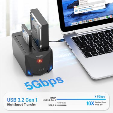 Док-станція для жорстких дисків FIDECO з USB 3.2 Gen1, 2 відсіки SATA HDD/SSD, підтримка UASP та офлайн-клонування, Type-C