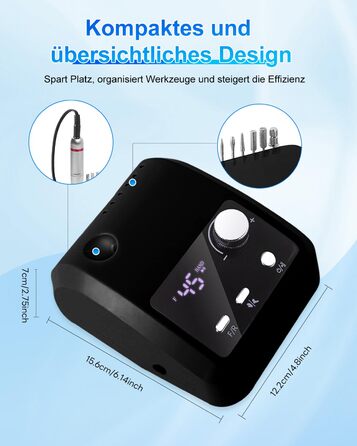 Електричний фрезер для нігтів CozyZen Professional: набір для манікюру та педикюру з LCD-дисплеєм, 45000 об/хв, для акрилу та гелю