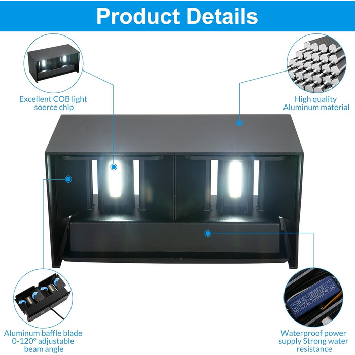 LED настінний світильник Cwycfw 24W, 2 шт., регульований світловий потік, чорний, тепле світло 3000K, IP65, вологостійкий