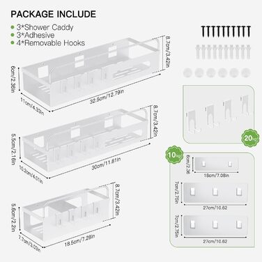 Полка для душу Uamector без свердління - Дзеркальна полиця для ванної кімнати, нержавіюча сталь, 2 шт. (3 шт. залізні пластини, білий)