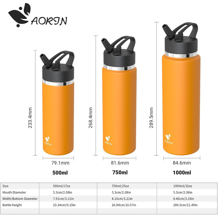 AORIN Stainless Steel Water Bottle, 500ml/750ml/1L Leak-Proof Water Bottle with Straw, BPA-Free Drinking Bottle for Kids, Vacuum Insulated Thermos for Sports, School, Fitness, Outdoor (1000 ml, Mango)