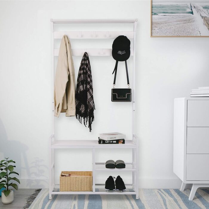 Leader Accessories Coat Rack with Bench Metal Coat Rack Rustic Clothes Rack 182x30x84cm (H x W x D) White