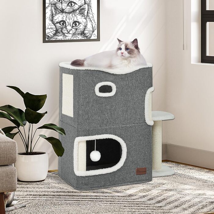 YITAHOME Cat House Indoor, Cat Bed for Indoor Cats, Cat Tunnel, Cat Cave, Small Scratching Post, Cat Furniture, Cat Bed Cave, cat caves, Cat Beds (Gray, With Platform)