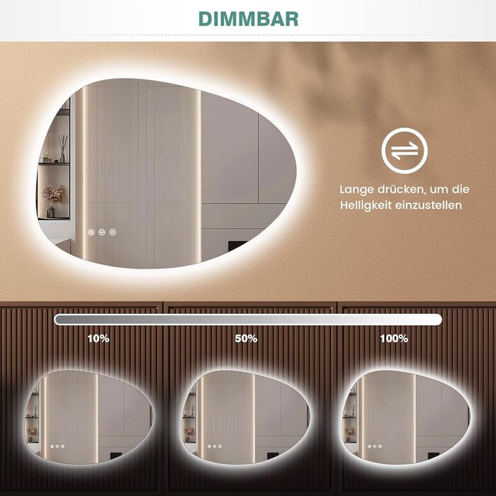 Дзеркало з підсвічуванням Asymmetrischer LED 75x55 см з сенсорним вимикачем – антизапар, 3 кольори світла, регулювання яскравості та функція пам'яті, чорний (горизонтальне/вертикальне), без рамки