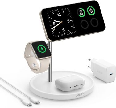 Anker MagGo Зарядна станція 3-в-1 бездротова, 15W, MagSafe, Qi2, для iPhone 16/15/14/13, AirPods Pro, Apple Watch Ultra (з USB-C адаптером та кабелем)