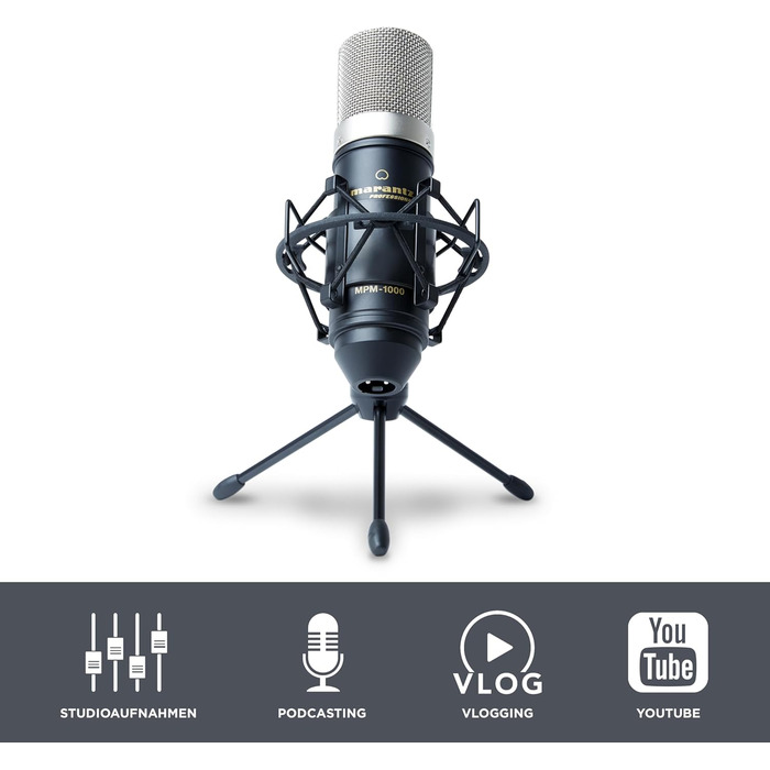 Мarantz Professional MPM1000 - XLR конденсаторний мікрофон з поп-фільтром, підвісом, штативом та XLR кабелем для дому/студії