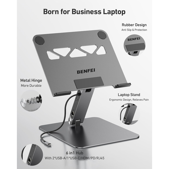 Підставка для ноутбука BENFEI з док-станцією USB-C 6-в-1: HDMI (4K@60Hz), Gigabit LAN, 100W Power Delivery, 10Gbps (1x USB-C 3.2 & 2x USB-A 3.2) – сумісна з MacBook Pro/Air, iPad Pro, XPS, ThinkPad