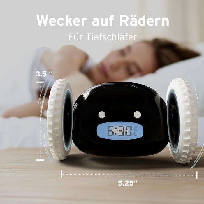 Clocky Loud Alarm Clock - Digital Alarm Clock, Loud for Deep Sleepers, Adults, Teens, Funny, Hard of Hearing, Heavy Sleepers, on Wheels, Runs Away, Driving, Jumping, Rolling Away, Funny Gift (Schwartz)