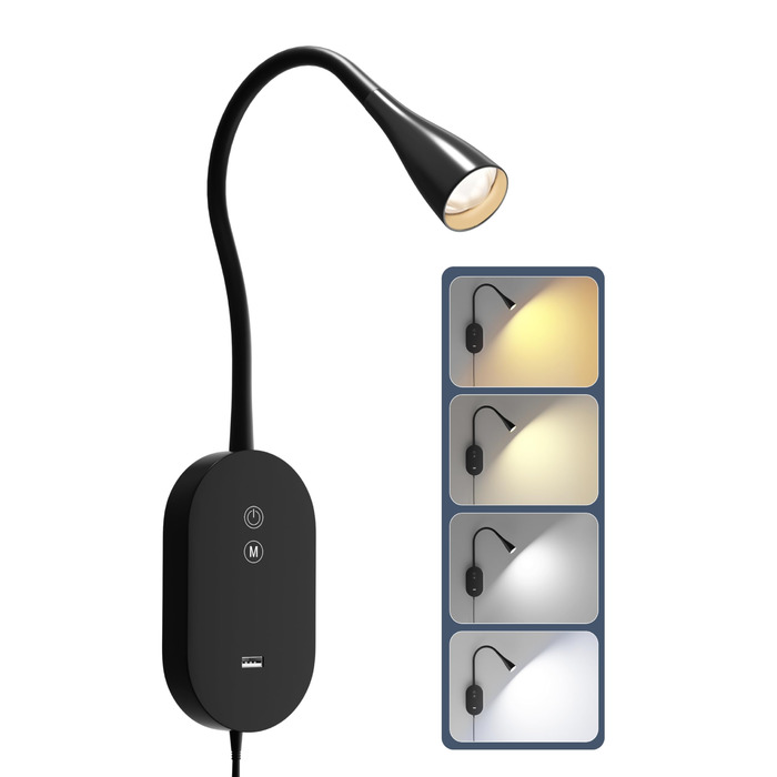 Нічна LED лампа для читання Wandleuchte з USB, 5 рівнів яскравості, сенсорне управління, гнучкий кронштейн, автовимкнення (Чорна)