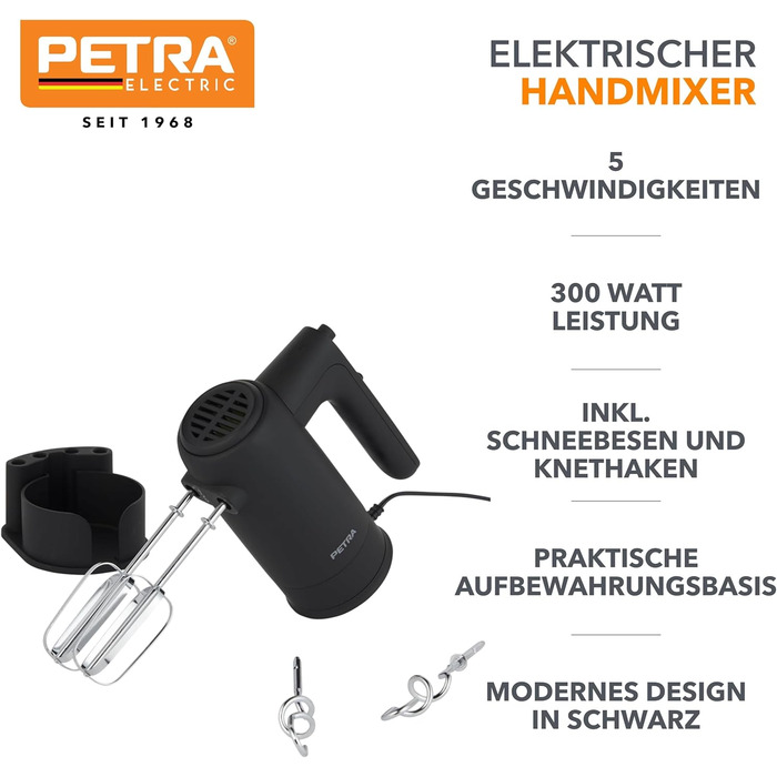 Ручний міксер Petra 300W з 5 швидкостями, турбо-функцією та набором насадок, срібний колір